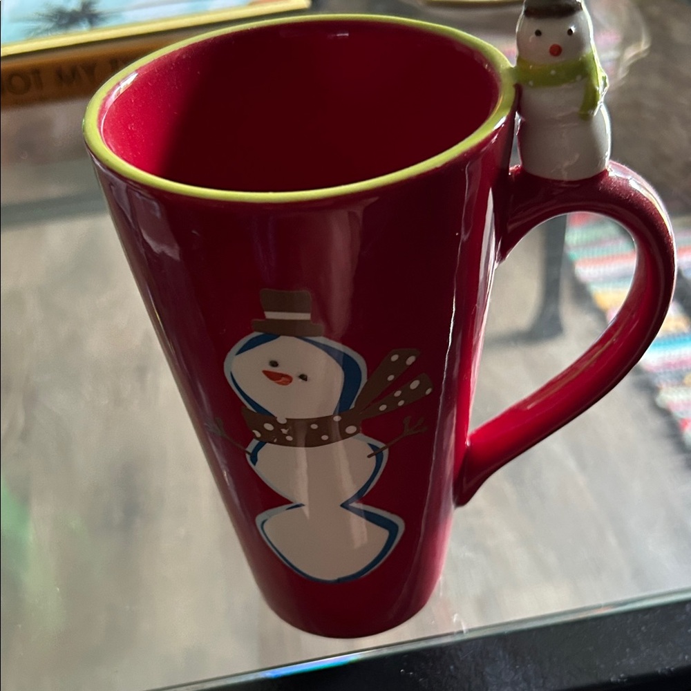 BE MERRY holiday ‘08 Festive Red ceramic Snowman Mug with Handle Decoration
